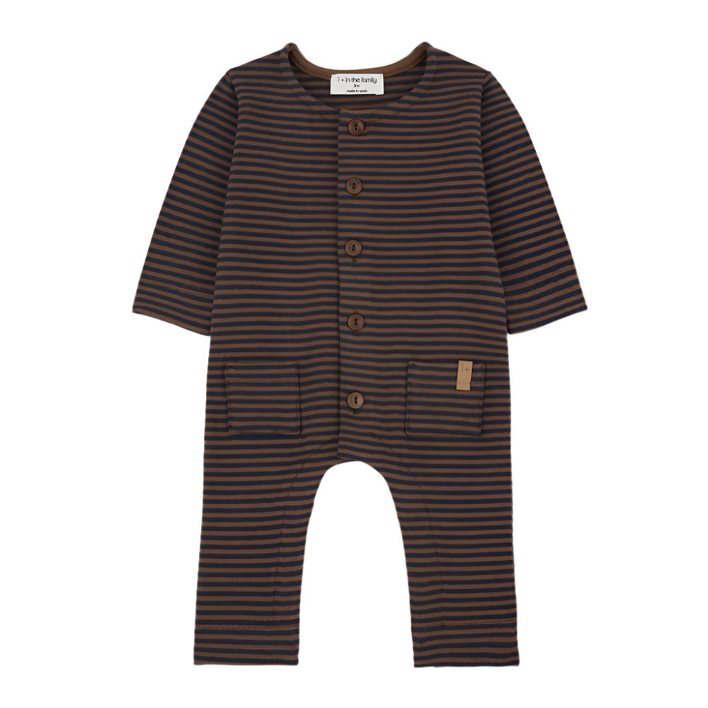 Striped baby romper with buttons on a white background