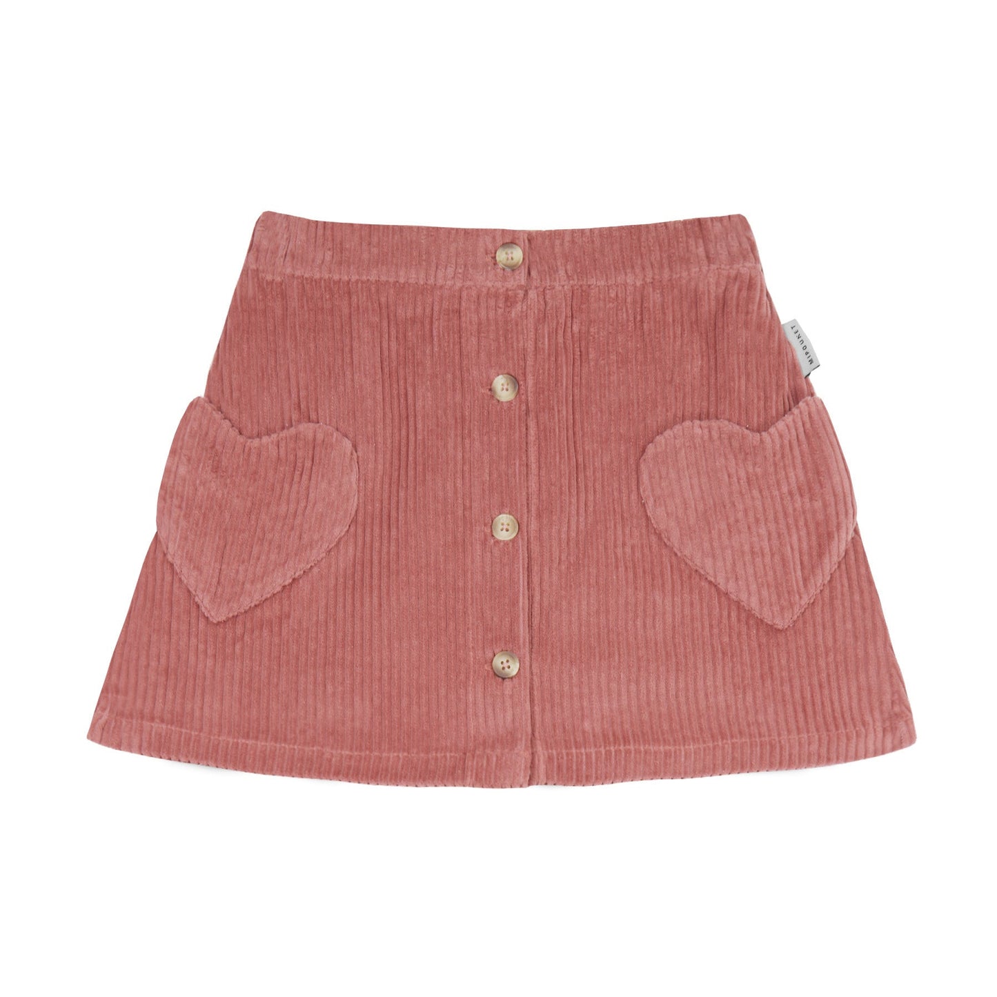 Pink skirt with heart-shaped pockets on a white background