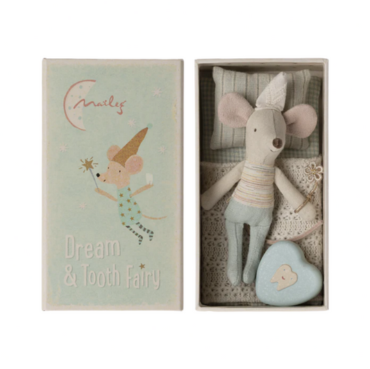 MAILEG LITTLE BROTHER TOOTH FAIRY MOUSE IN MATCHBOX - LT BLUE