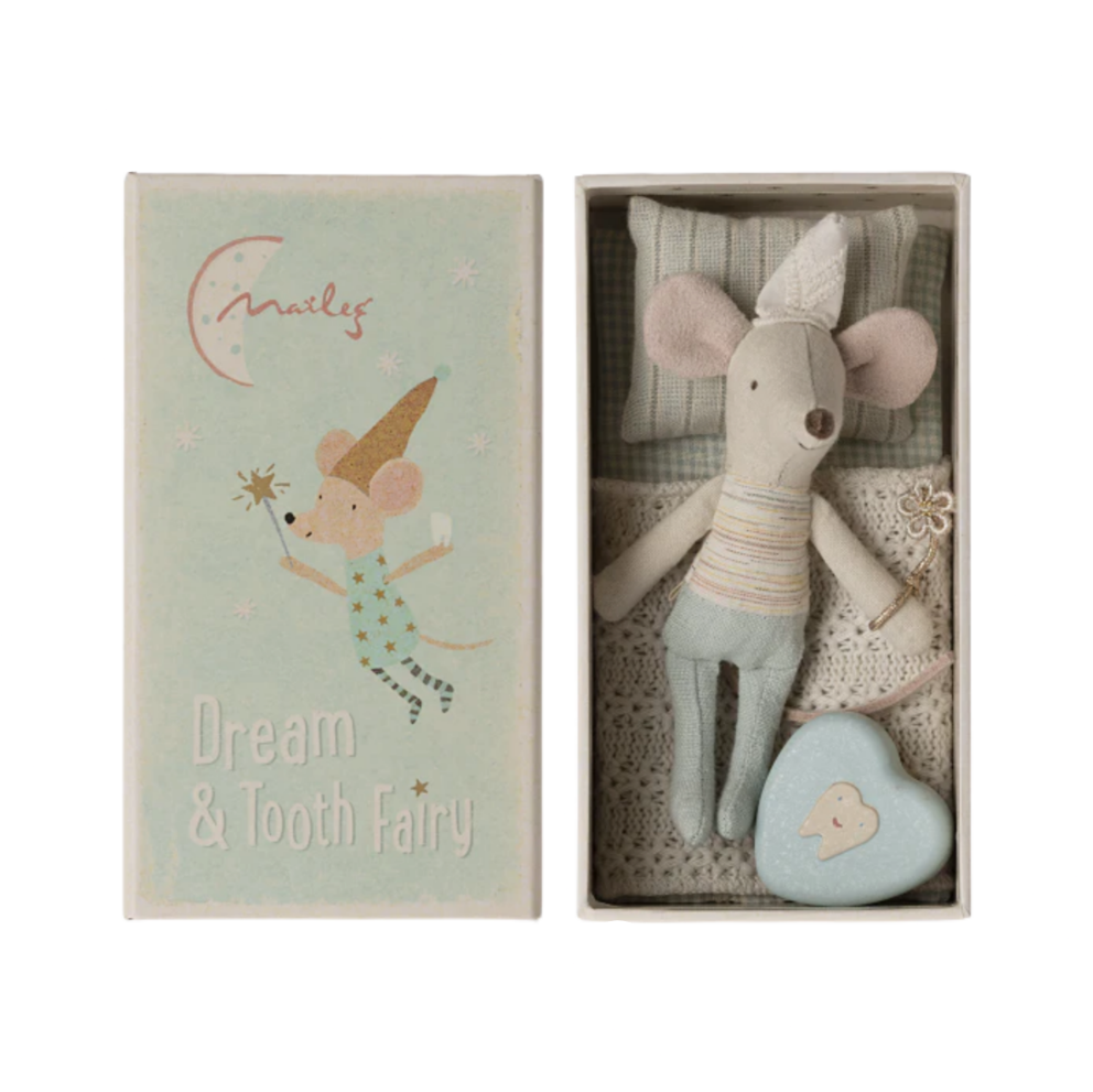 MAILEG LITTLE BROTHER TOOTH FAIRY MOUSE IN MATCHBOX - LT BLUE