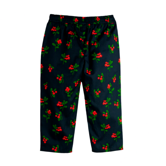 Navy blue pants with red and green berry pattern on a white background