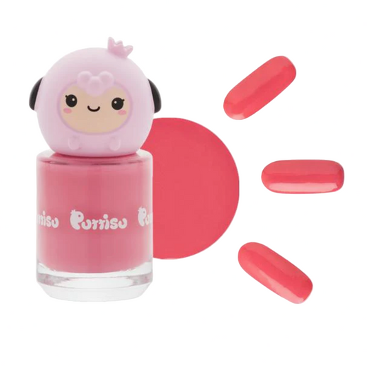 Pink nail polish bottle with a cartoon character on top, surrounded by pink nail samples.
