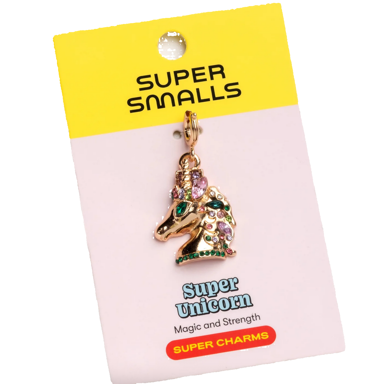 Gold unicorn charm on a 'Super Smalls' branded card with a yellow top section.