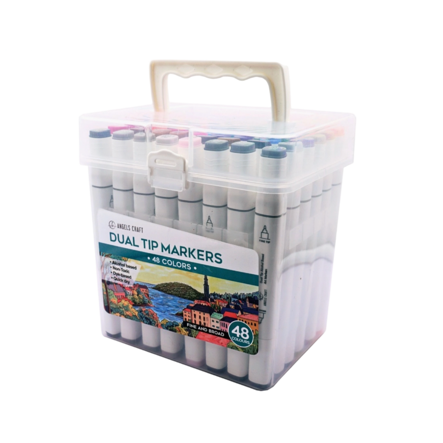 Set of dual tip markers in a clear plastic case on a white background