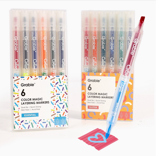 Grable Color Magic Layering Markers with packaging and a sample application on paper.