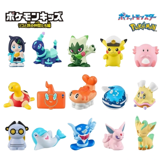 Collection of colorful Pokémon figurines on a white background with 'Pokémon' branding.