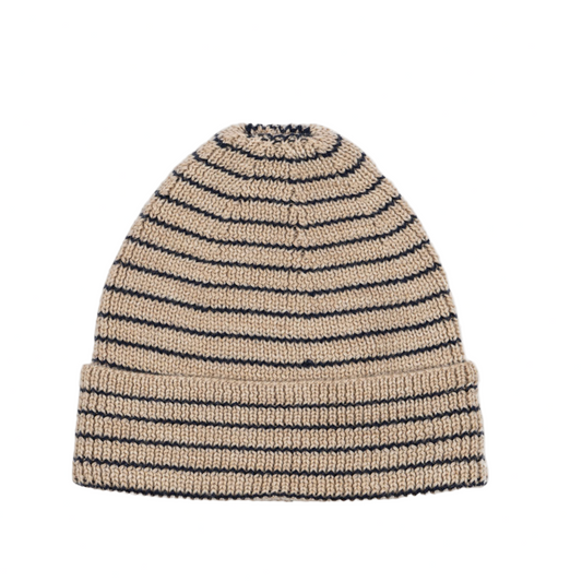Striped knit beanie on a white background