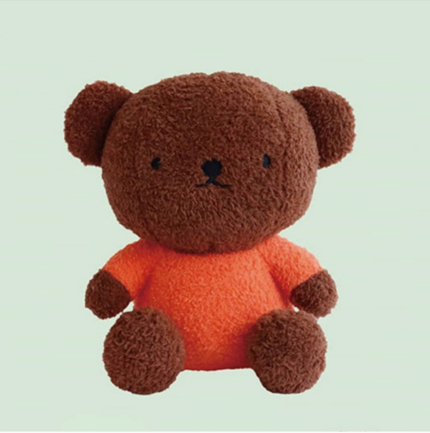Small brown teddy bear with an orange shirt on a light green background