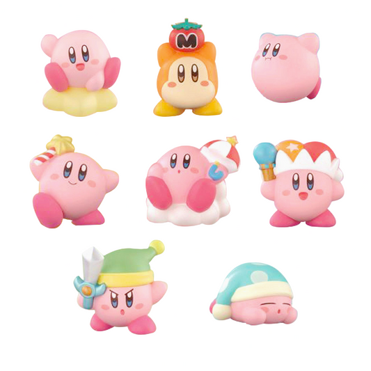 Set of Kirby plush toys with various poses on a white background