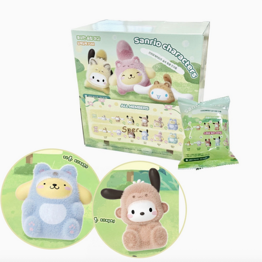 Sanrio character-themed product set including a box, pouch, and cards on a white background