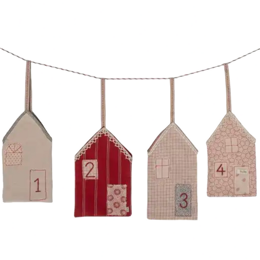 Decorative banner with house-shaped flags numbered 1 to 4 on a white background