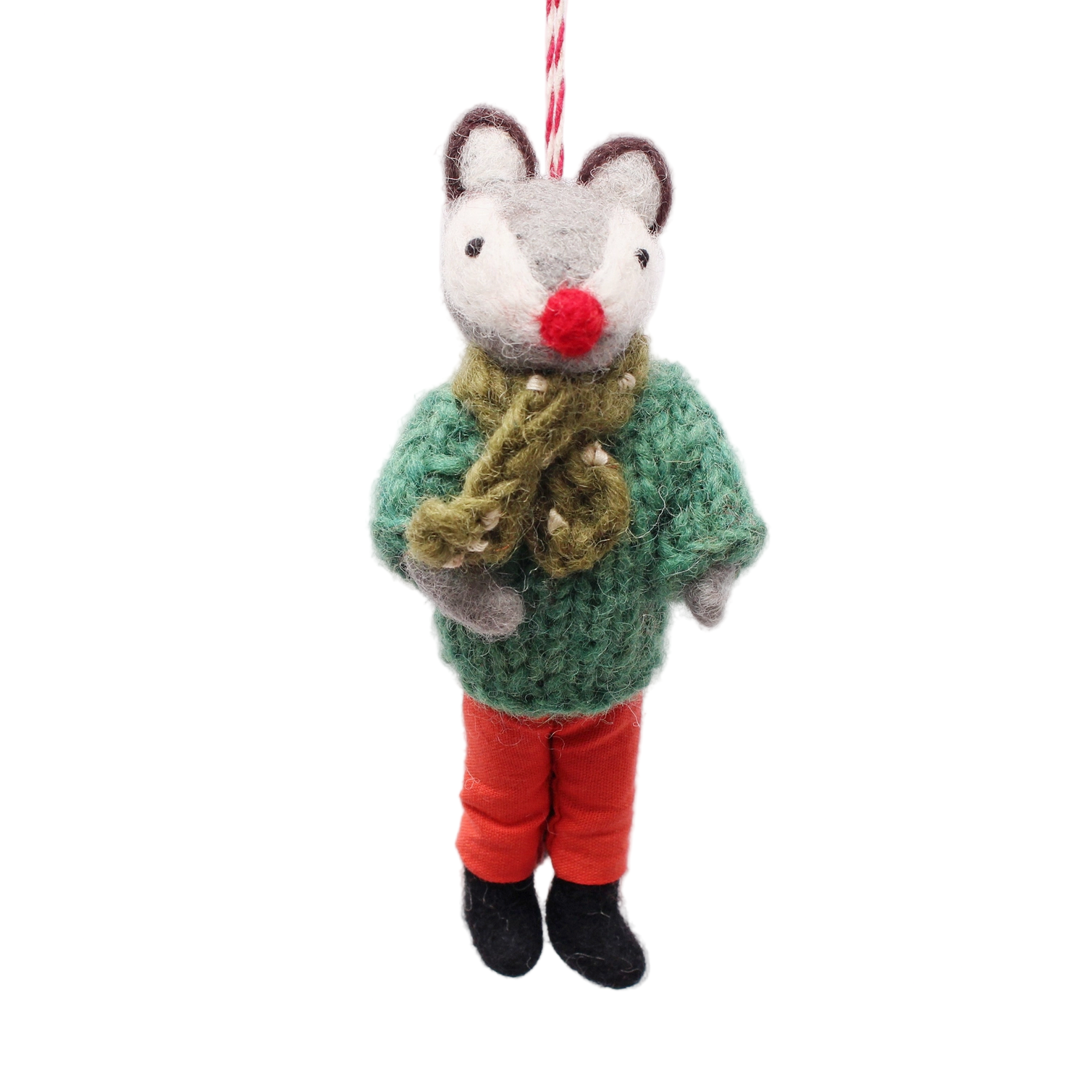 Plush mouse ornament wearing a green sweater and red pants on a white background