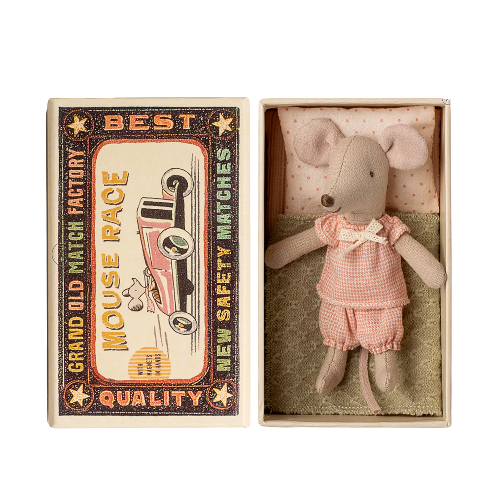 MAILEG LITTLE SISTER MOUSE IN MATCHBOX - PINK GINGHAM BLOOMERS