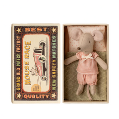 MAILEG LITTLE SISTER MOUSE IN MATCHBOX - PINK GINGHAM BLOOMERS