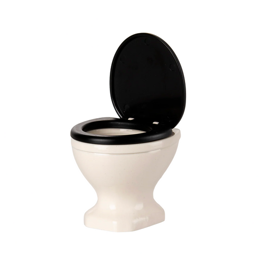 White toilet with black seat on a white background