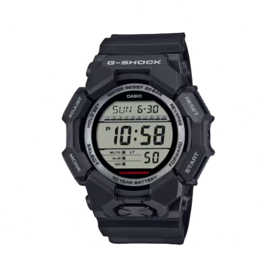 Black Casio G-Shock digital watch on a white background