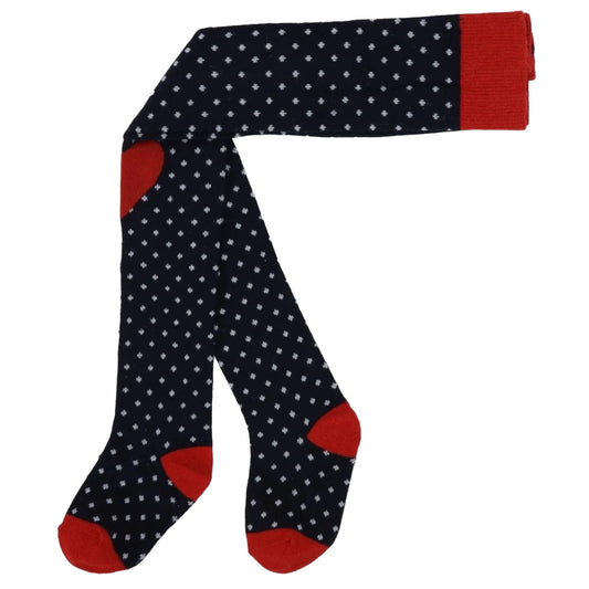 Navy tights with white polka dots and red accents on a white background