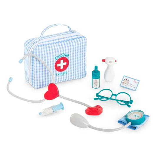 Toy doctor's kit with checkered bag, stethoscope, syringe, and other medical tools on a white background